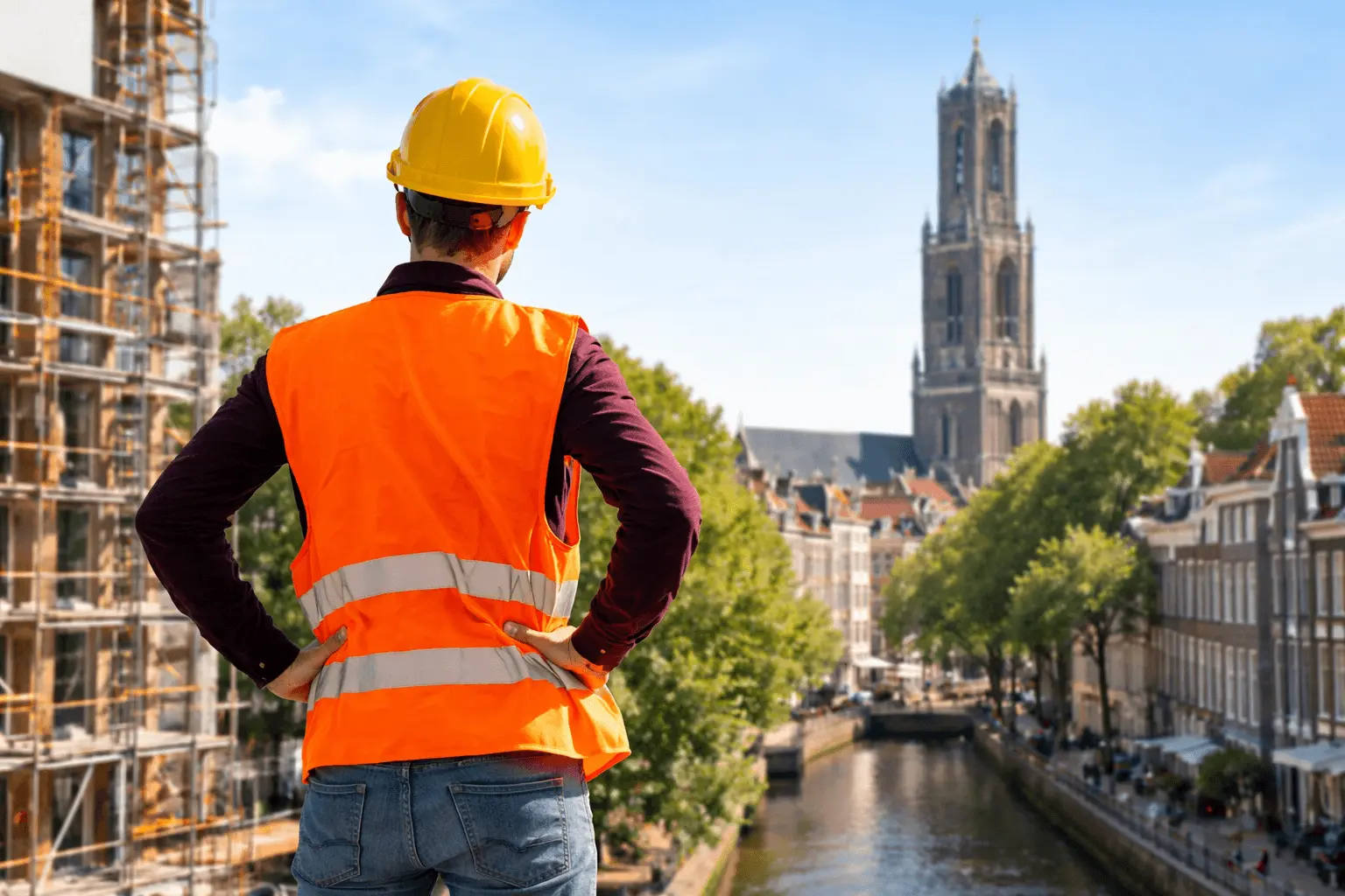 Loodgieter Utrecht bij nieuwbouwproject met helm en veiligheidsvest